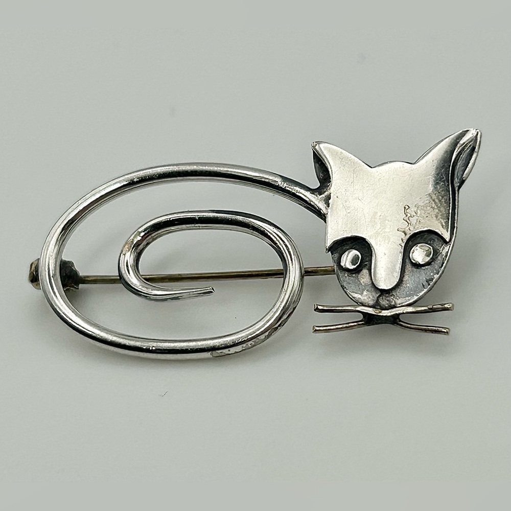 Vintage Delfino Taxco Cat Brooch, Sterling Silver 1950s-60s Mexican Pin
